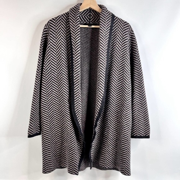 ANN TAYLOR Wool Blend Open Long Cardigan Duster in Woven Herringbone Pattern - Picture 3 of 11